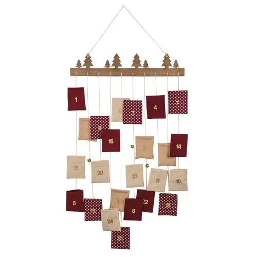 Rayher Adventskalender Set mit Holzleiste und 24 Säckchen - DIY Adventskalender in rot/beige Tönen, individuell gestaltbar mit 24 Säckchen aus Baumwolle und Cord für eine persönliche Überraschung bis Weihnachten.