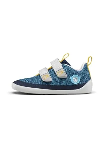 AFFENZAHN Knit Happy Pinguin Schuhe Kinder blau 24 - Veganer Barfußschuh für Kinder mit flexibler Sohle und Klettverschlüssen in trendigem Blau. Ideal für gesundes Laufen und Entdecken!