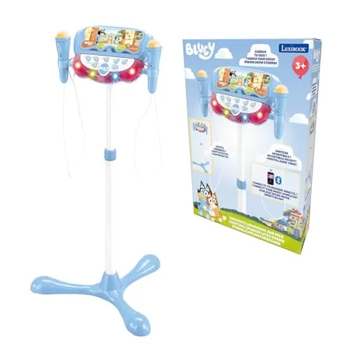 Lexibook, Bluey, leuchtender Standlautsprecher für Kinder, Musikspiel, verstellbare Höhe, Lichteffekte, 2 Mikrofone inklusive, MP3-Anschluss, Bluetooth, Blau, S160BY