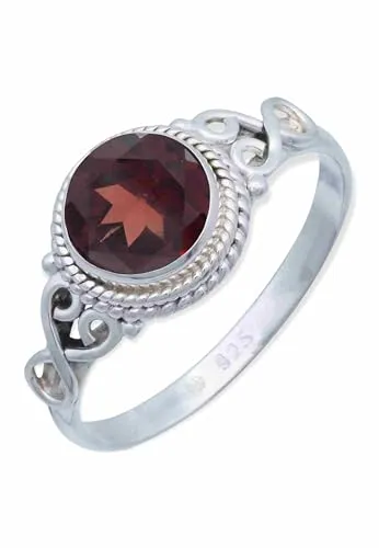 mantraroma Silber Ring Damen 925 Granat runder rot Stein Schnörkel