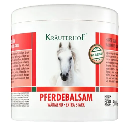 Kräuterhof Pferdebalsam Wärmend Extra Stark (500ml) | Durchblutungsfördernde Wärmesalbe, Massage-Gel mit Rosskastanie & Rotes Weinlaub, lindert Gelenkschmerzen & Verspannungen