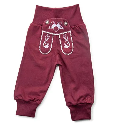 Schöneberger Trachten Couture Baby Stoffhose im Lederhosen Design – Babyhose mit elastischem Bund – Pumphose Kinderhose Bockkitz (50/56, Weinrot)