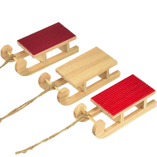 Holzschlitten Miniatur Rot-Natur 4x8,5 cm 6er Set - Weihnachtsdeko Tischdeko