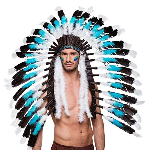 Boland 44141 - Indianer Kopfschmuck Snow Wolf für Erwachsene - Stylischer Häuptling-Federschmuck von Boland für Ihr Kostüm. Bequem tragbar dank elastischem Band und in auffälligen Farben. Perfekt für Karneval und Mottopartys!