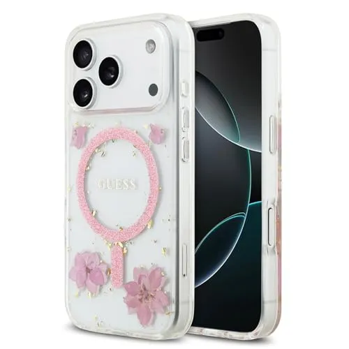 Guess Resin Flowers Glitter MagSafe - iPhone 17 Pro - Pink - Handyhülle für iPhone 17 Pro mit eleganten Blumen und Glitzer, bietet perfekten Schutz und kabelloses Laden dank integriertem MagSafe-Ring.