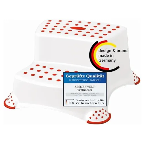 KiNDERWELT Premium zweistufiger Tritthocker für Kinder und Babys, Weiß/Rot, Tritthocker 2 Stufen für Kleinkinder ab 3 Jahren, abwischbar, rutschfest und BPA-frei