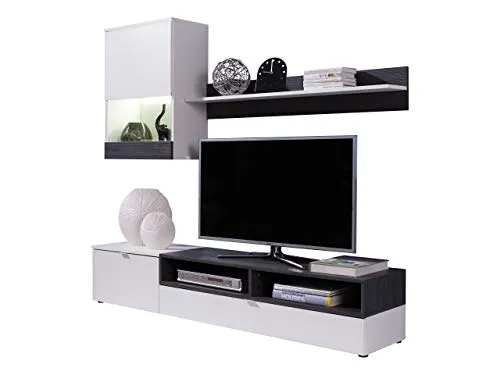 Wohnwand Andreas: Elegantes Wohnzimmer-Set mit LED-Beleuchtung - Moderne Wohnwand aus Laminat mit griffloser Push-to-Open Funktion und LED RGB-Beleuchtung. Ideal für stilvolle Wohnzimmer mit viel Stauraum.