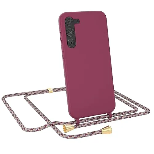 EAZY CASE - Necklace Silicon - kompatibel mit Samsung Galaxy S23 Plus Slim mit Microfiber, Phone Case, Abnehmbare Handykordelabnehmbar Beere mit Schulterriemen in Rot Camouflage Clips Gold
