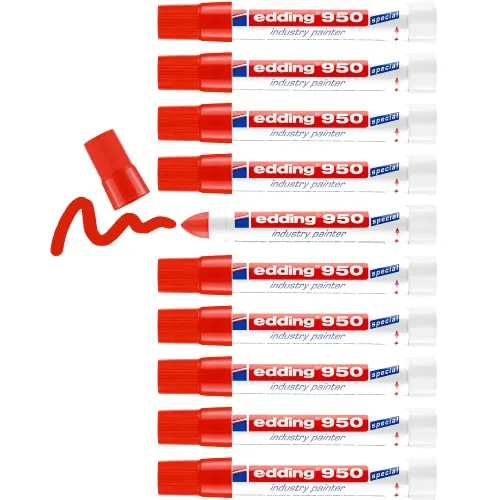 edding 950 Industrie Pastenmarker - rot - 10 Stifte - Zeichenwerkzeuge für permanente, wasserfeste Beschriftung auf rauen Oberflächen, ideal für die Industrie. Die Farbpaste ist sofort einsatzbereit und sorgt für verlässliche Kennzeichnungen.