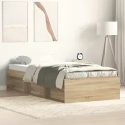 Bettgestell Sonoma-Eiche 75x190 cm - Modernes Bettgestell aus Sonoma-Eiche mit 6 praktischen Staufächern für Bücher und Dekoration. Robustes Holzwerkstoff und Sperrholzlatten sorgen für Stabilität und optimalen Schlafkomfort.