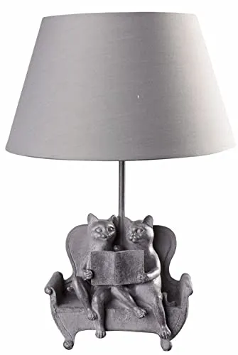 PALAZZO INT Tischlampe Katze Villa Romualdo – Vintage Tischleuchte im Antik Look | Zwei Kätzchen mit Buch als Lampenbasis | Stoffschirm | E27-Fassung | Höhe ca. 43 cm |