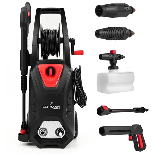 LEHMANN Hudson Hochdruckreiniger 1800 W - Hochdruckreiniger mit max. 220 bar und 450 l/h Fördermenge, ideal für die effektive Reinigung von Fahrzeugen und Terrassen. Mit langlebiger Aluminiumpumpe und praktischem Schlauchaufroller für müheloses Verstauen.