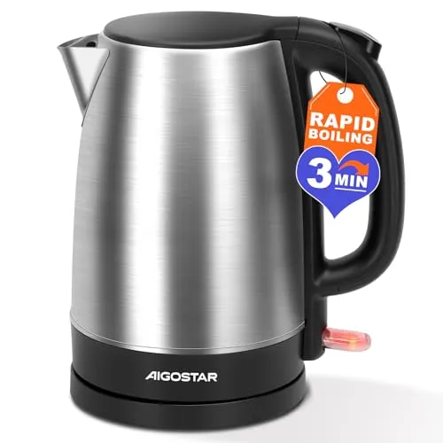 Aigostar Wasserkocher Edelstahl 1,7 L, 2200W - Wasserkocher mit 1,7 Litern und 2200W, ideal für schnelle Zubereitung von Tee und Kaffee. BPA-frei, kabellos und mit Sicherheitsabschaltung für sorgenfreies Kochen.