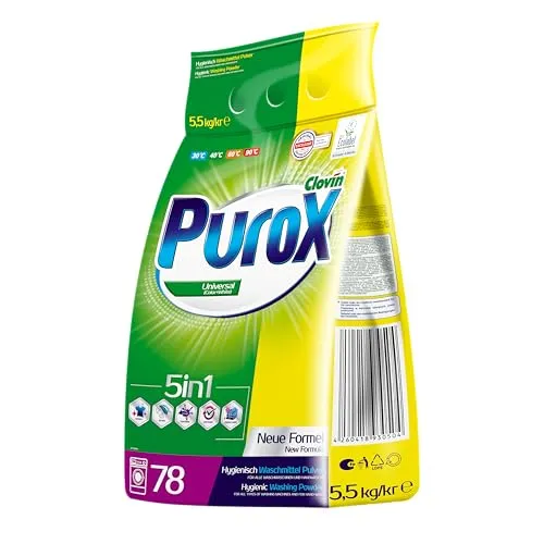 PUROX UNIVERSAL Waschpulver 78 Waschladungen 5,5 kg – Universelles Pulver für Alle Textilien, Entfernt Flecken, Umweltfreundlich, Effizient, Schützt vor Kalk, Hand- & Maschinenwäsche