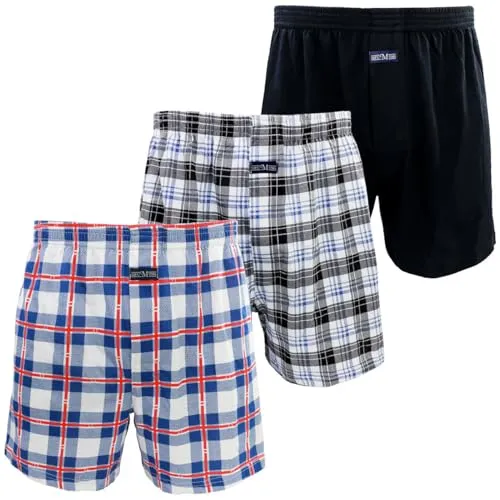 Kacouni 3er Pack Boxershorts Herren Weit 100% Baumwoll Gestrickte, Locker Passform, Weiche und Atmungsaktive, Ultrabequeme Unterhosen Männer Gr. M-3XL (XXL, 3X Mix02 (Schwarz/Rot Gitter))
