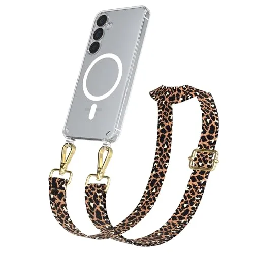 EAZY CASE Handykette - Verstellbares Taschenband kompatibel mit Galaxy S25, Schulterriemen, Handykordel mit Silikon Hülle, Qi Charging kompatibel, Umhängetasche, Leo - Schwarz Braun Metall Gold