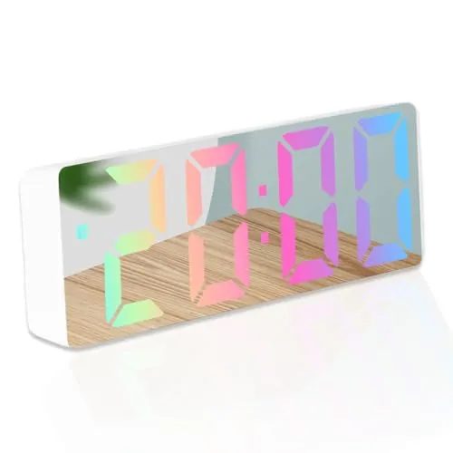 mixed24 Moderner Digitaler LED Wecker mit gut lesbaren großen bunten Zahlen Schlummerfunktion bis zu 60 Minuten Tischuhr mit Temperatur und Datumsanzeige (Weiß mit Spiegeldisplay)