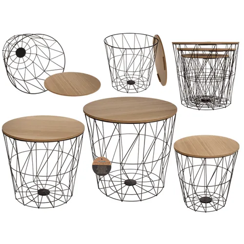 3er Set Beistelltisch rund mit Holzplatte und Metallkorb - Stapelbare Beistelltische in Braun und Schwarz, ideal für platzsparende Aufbewahrung und vielseitige Nutzung in Ihrem Wohnraum.