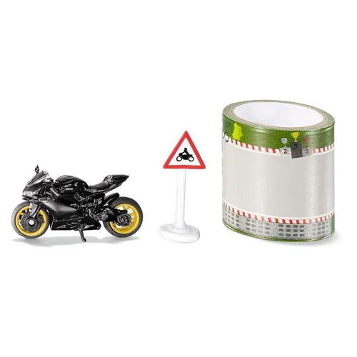 siku 1601 - Ducati Panigale 1299 Motorrad, inkl. Verkehrsschild und Rennstrecken-Tape, robustes Design aus Metall und Gummi-Bereifung