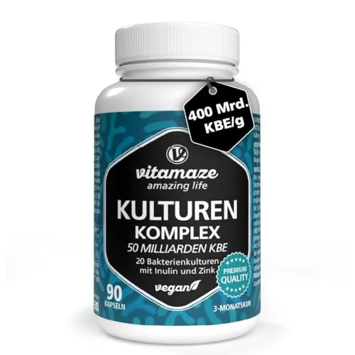 Kulturen Komplex hochdosiert mit 400 Mrd. KBE/g in 1 Kapsel, 20 Bakterienkulturen für den Darmflora Aufbau mit Inulin und Zink, 90 vegane & magensaftresistente Kapseln mit 50 Mrd. KBE für 3 Monate