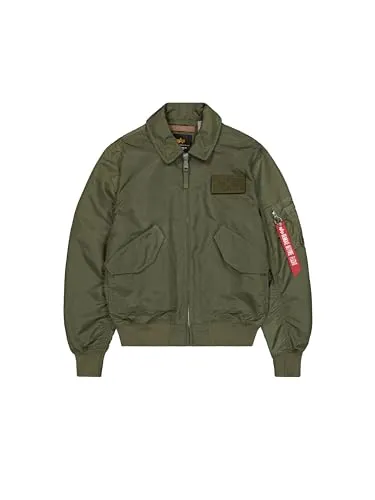 Alpha Industries Regular Fit Bomberjacke mit Logo-Patch in Oliv, Größe L - Modische Herrenjacke im Regular Fit von Alpha Industries. Der Umlegekragen und die praktischen aufgesetzten Taschen bieten Komfort und Stil für jeden Tag. Ideal für urbane Looks und vielseitige Outfits.