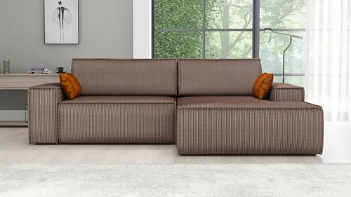 Ecksofa TOR mit Schlaffunktion in Braun - Modernes Design - Das Ecksofa TOR vereint Stil und Komfort. Mit seiner Schlaffunktion und einem praktischen Staufach bietet es vielseitige Nutzungsmöglichkeiten. Der hochwertige Cord-Bezug und die weiche Polsterung sorgen für ein angenehmes Sitzen.