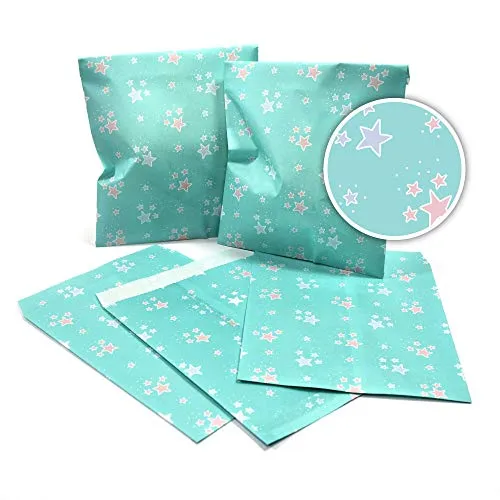 Frau WunderVoll® 100 PAPIERTÜTEN TÜRKIS, Sterne Pastell 13 x 16,5 cm, 45 Gramm Papier, flach/Candy Bar, Hochzeit, Kindergeburtstag, Papiertütchen, Candybag, Tüten, Mitgebseltüten