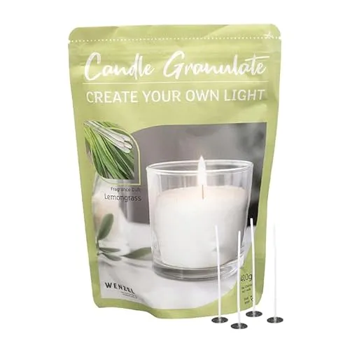 Kerzengranulat mit Duft zum Selbergießen, Lemongrass, WENZEL, inkl. 4 Dochten & Dochthaltern, 400 g