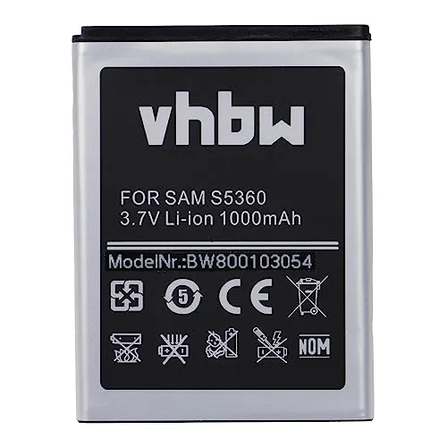 vhbw Akku kompatibel mit Samsung Galaxy GT-6102, GT-B5510, GT-S5300, GT-S5301, GT-S5360 Handy Smartphone Telefon (1000mAh, 3,7V, Li-Ion)