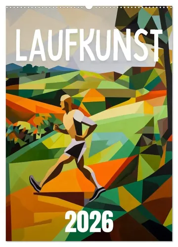 Runningclubs.de Laufkunst Wandkalender 2026 - Kalender im DIN A2 Format mit 14 kunstvollen Laufmotiven, ideal für Sportbegeisterte und Kunstliebhaber.