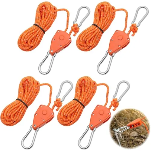 Stück 4 mm Verstellbarer Seil Ratsche, 5 m Abspannseile mit seilspanner, Einstellbare Ratchet Hanger, Zeltschnur, Reflektierende Abspannseile für Sonnensegel Wandermarkise Picknicks (Orange) 4