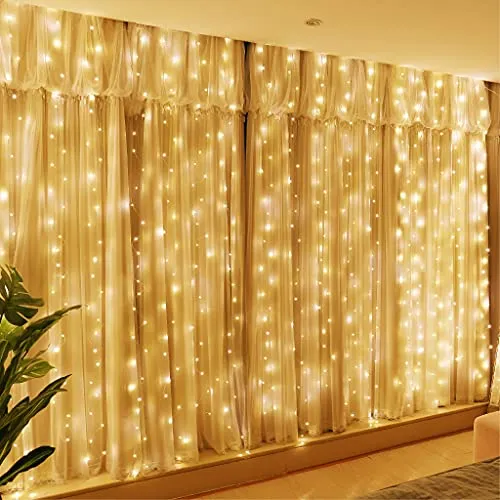 HXWEIYE 300LED Lichtervorhang Warmweiß – 3mx3m USB Lichterkette mit Fernbedienung - Vielseitiger Lichtervorhang mit 300 LEDs, 8 Lichtmodi und dimmbarer Helligkeit. Ideal für Weihnachten und Partys. Einfache Installation mit 12 Haken, perfekt für Innen- und Außendekoration.