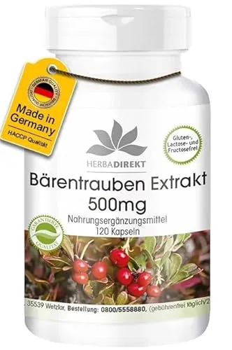 Bärentrauben Extrakt 500mg - Hochdosiert und Vegan | HERBADIREKT - Fruchtextrakt aus Traubenkernen: Hochdosierte Bärentrauben-Extrakt Kapseln mit 20% Arbutin, ideal für eine einfache Dosierung und lange Haltbarkeit ohne Magnesiumstearat.