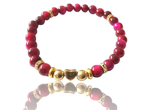 Steinfixx® - Elegantes Perlenarmband aus rotem Tigerauge - Hochwertiges Edelsteinarmband mit vergoldeten Perlen, vergoldetem Herz und Zirkoniatrennern - handgefertigt - Schutzstein - M 18 cm (6 mm)