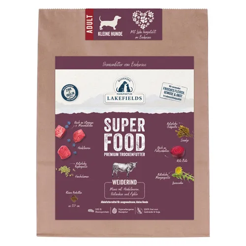Lakefields Premium SUPERFOOD RIND 4x 1kg für kleine Hunde - Hochwertiges Trockenfutter für kleine ausgewachsene Hunde, reich an Nährstoffen und mit superfood Zutaten für eine gesunde Ernährung.