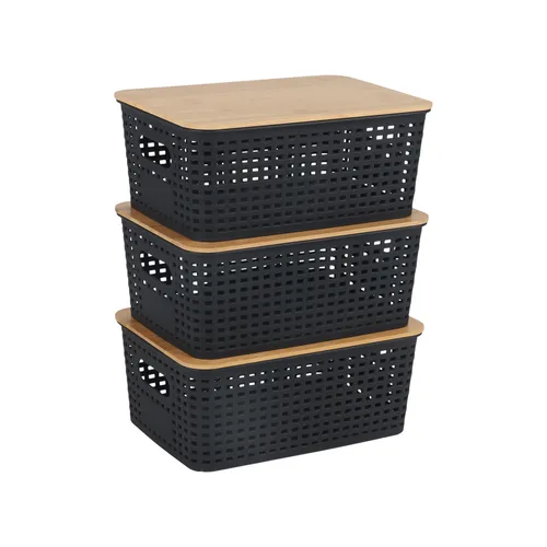 relaxdays Aufbewahrungsbox mit Bambusdeckel im Set, schwarz - Praktisches Aufbewahrungsset aus robustem Kunststoff und elegantem Bambusdeckel. Ideal für Kosmetik, Spielzeug und mehr. Mit rutschfester Unterseite und Griffaussparungen für einfachen Transport.