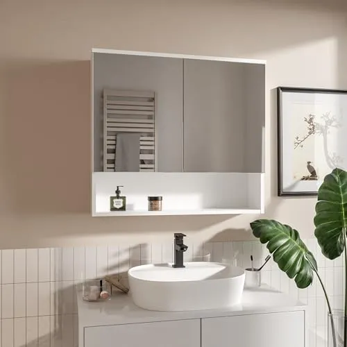 HAJDUK FURNITURE Weiß 78x70 cm Spiegelschrank Bad mit 2 Spiegeltüren und Ablagen Badschrank mit Grifflose Öffnung Hängeschrank