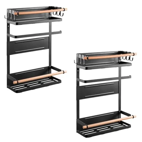 Maclean MC-910 Magnetisches Regal für Kühlschrank/Waschmaschine mit Rollenhalter und 6 abnehmbaren Haken Hängendes Regal für Papierrollen bis zu 12 kg Schwarz (2)