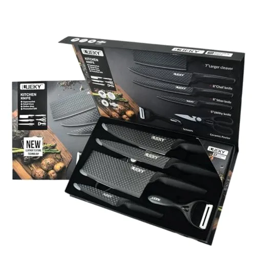 Qivee Küchenmesser-Set 7-teilig, Profi Messer mit Edelstahlklingen, Küchenset mit Schere und Schäler, Schwarz