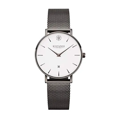 Kistanio Petit Damenuhr mit Milanaiseband Datum Edelstahl Gun Metal Weiß Saphirglas GM-WH-M