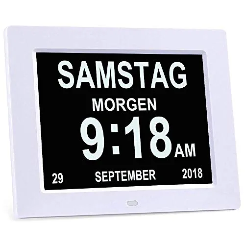Zoll Digital Wecker, Digitaler Kalender Tag Uhr, Wecker Mehrere Modi mit Erinnerungsfunktion für Senioren, Demenz z.B. Alzheimer Patienten, Großer Schrift Elektronischer Kalender Tag Uhr - Weiß 8