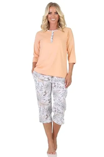 Normann Wunderbarer Damen Kurzarm Pyjama mit Caprihose in floralem Print - auch in Übergrössen, Farbe:apricot, Größe:56-58