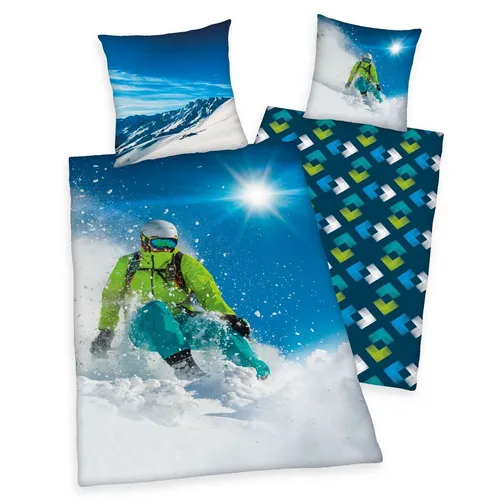 Herding Young Collection Bettwäsche-Set Skifahrer - Bettwaren-Set für Kinder mit atmungsaktiver Renforcé-Bettwäsche und Wendekopfkissenbezug. Ideal für kleine Skifans, pflegeleicht und farbenfroh.