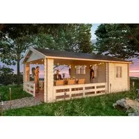 Skan Holz Holz-Gartenhaus Alicante 1 Natur 380 cm x 150 cm - Holz-Gartenhaus mit 19,5 m² und klassischem Design. Robuste Blockbohlenbauweise aus unbehandeltem Holz, ideal zur Aufbewahrung von Gartenutensilien und mit überdachter Außenfläche für zusätzlichen Komfort.