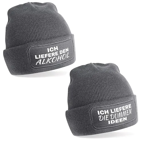 2er Set Beanie Strickmütze mit Spruch | Ich liefere den Alkohol und ich die dummen Ideen | grau | Unisex SoftTouch angenehm weiche und warme Wintermütze | OneSize Einheitsgröße für Erwachsene