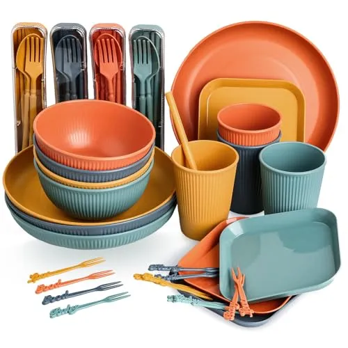Sour Lemon Camping Geschirr Set, 52 Teiliges Unzerbrechliches Geschirr Set, Unzerbrechlich Picknick Geschirr Sets für 4 Personen Picknick mit Tellerset, Schüssel, Becher, Besteck