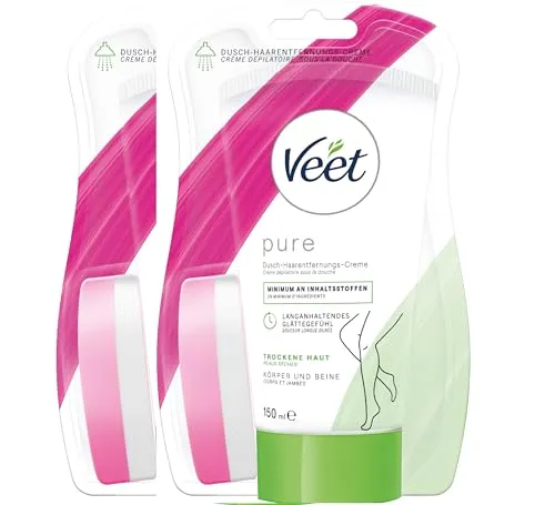 Veet Pure Dusch-Haarentfernungscreme für Körper, Arme & Beine - Enthaarungscreme für die Dusche, für trockene Haut 300 ml (2x150 ml) inkl. Schwamm