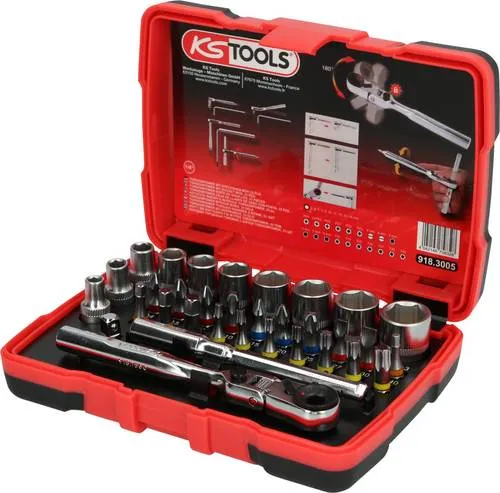 KS Tools 918.3005 TORSIONpower Bit-Stecknuss-Box, 33-tlg. - Werkzeug-Set mit 180° schwenkbarem Kopf und 72-Zahn Ratschenmechanismus, ideal für präzise Handhabung und Elektroschrauber.