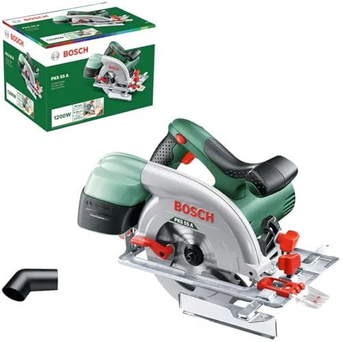 Bosch Handkreissäge PKS 55 A - 1200 W, Schnitttiefe bis 55 mm, inkl. Speedline Wood Sägeblatt und CleanSystem Box für sauberes Arbeiten