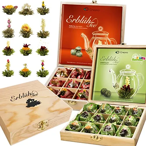 Creano 2er Set Teeblumen Holzpräsentboxen ErblühTee Grüner Tee